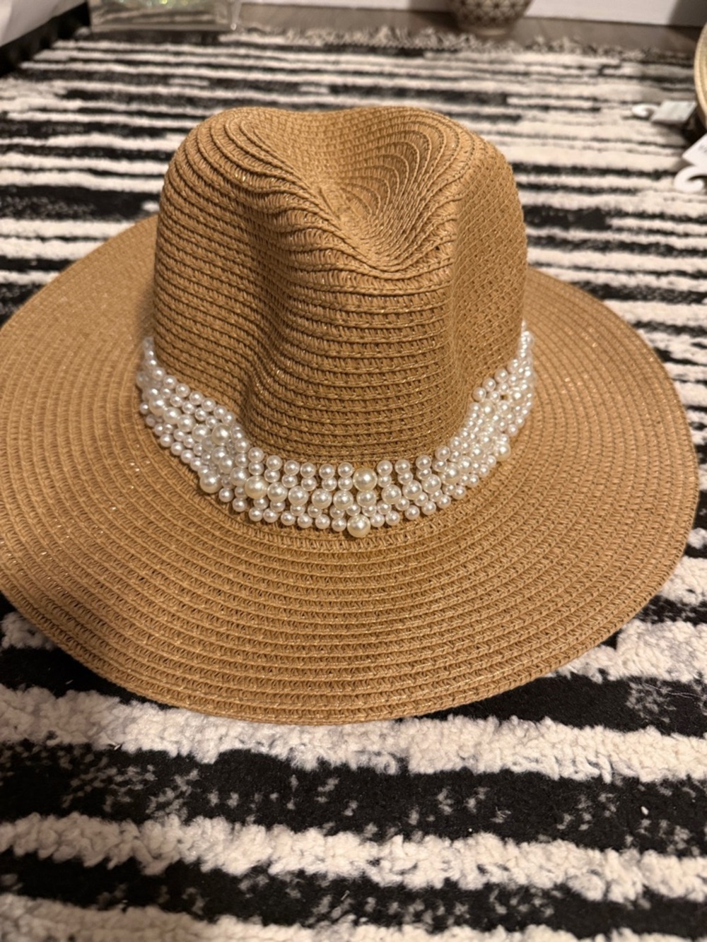 Natasha Couture Tan Straw Fedora with Pearl Band